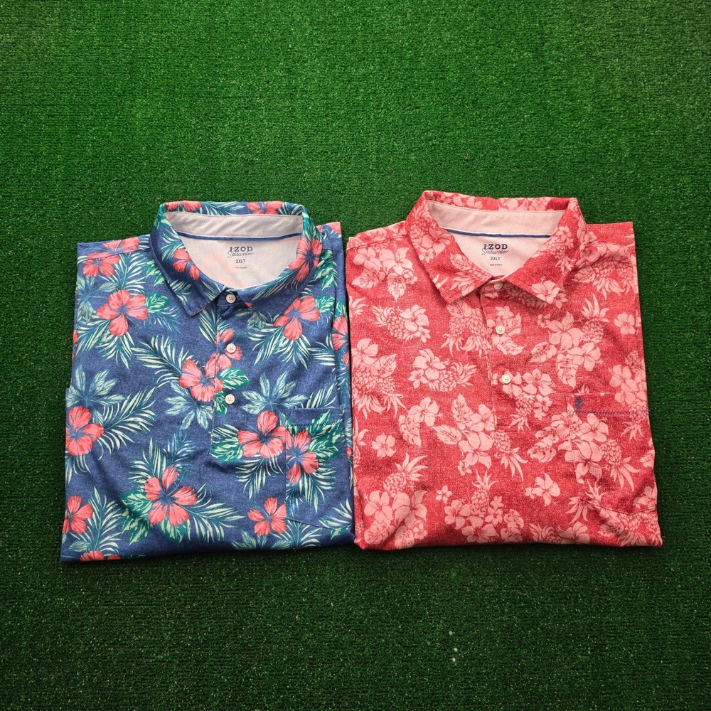 Izod Saltwater Polo Shirt Mens 2XLT Floral Tropical Golf Preppy Bundle Lot of 2